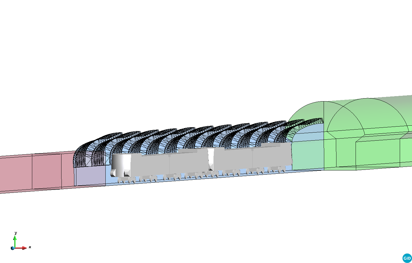 Train travelling through the curved middle section of the Mont-Royal Tunnel