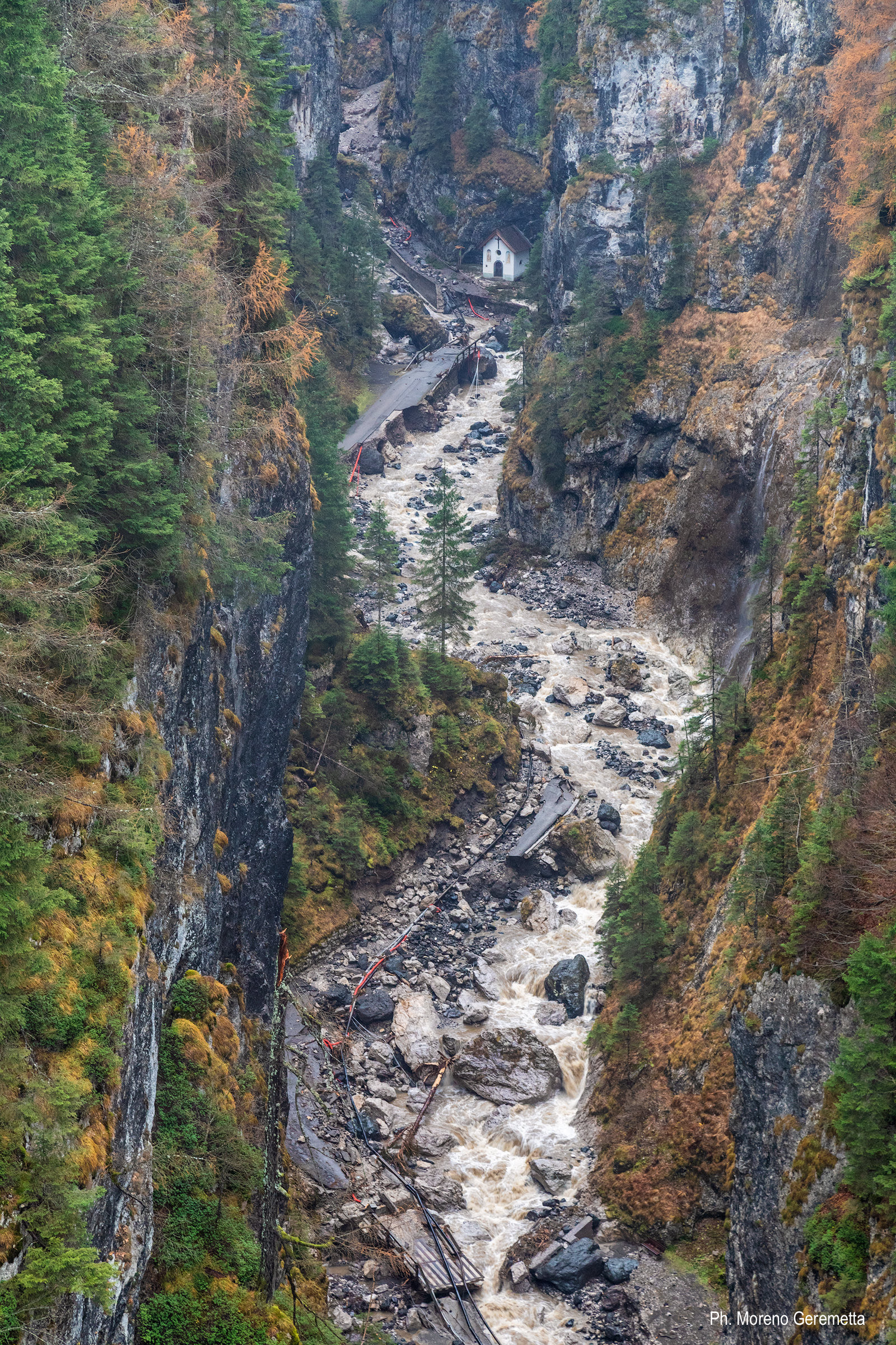 Flood damage along a steep forested mountain channel
