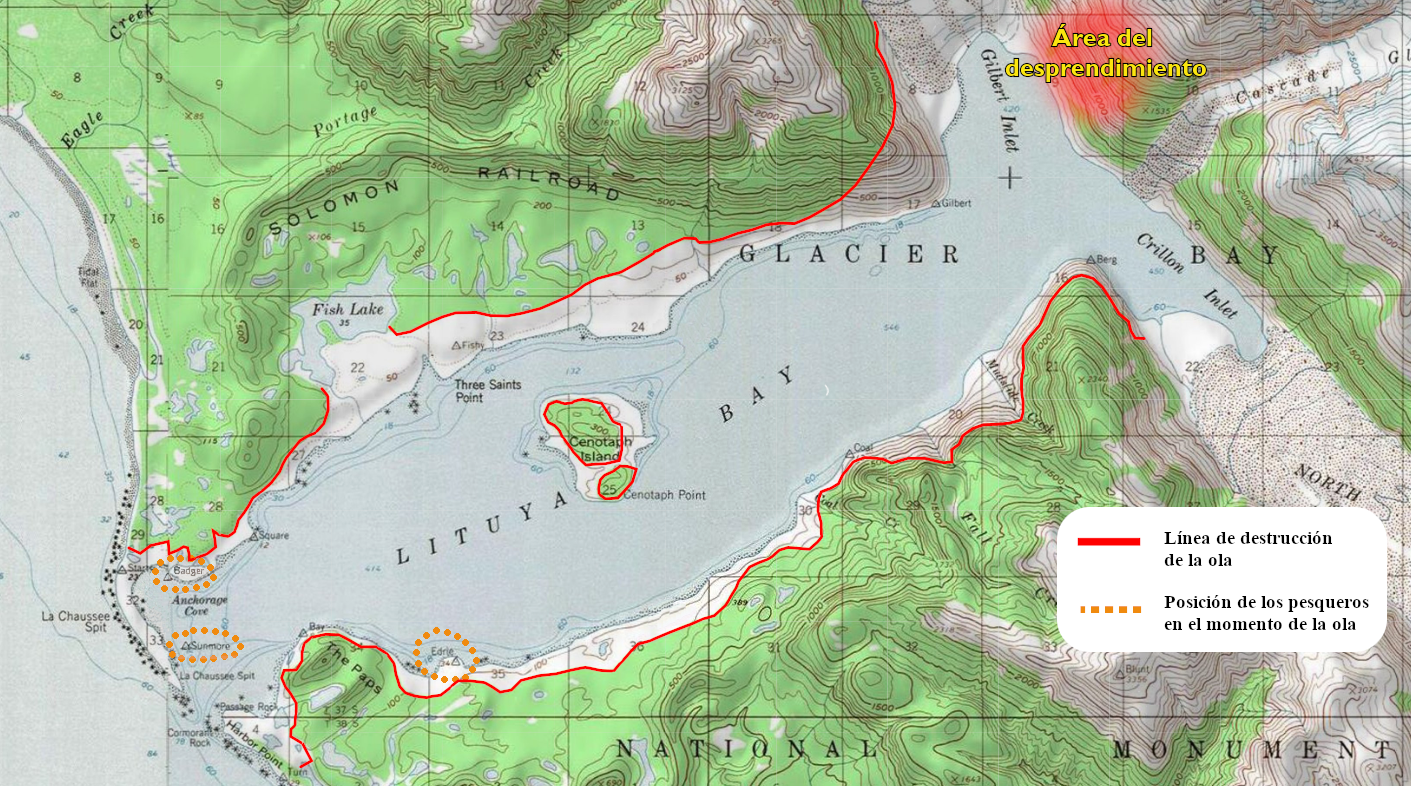 Topographic map of Lituya Bay showing the landslide area and the wave's line of destruction